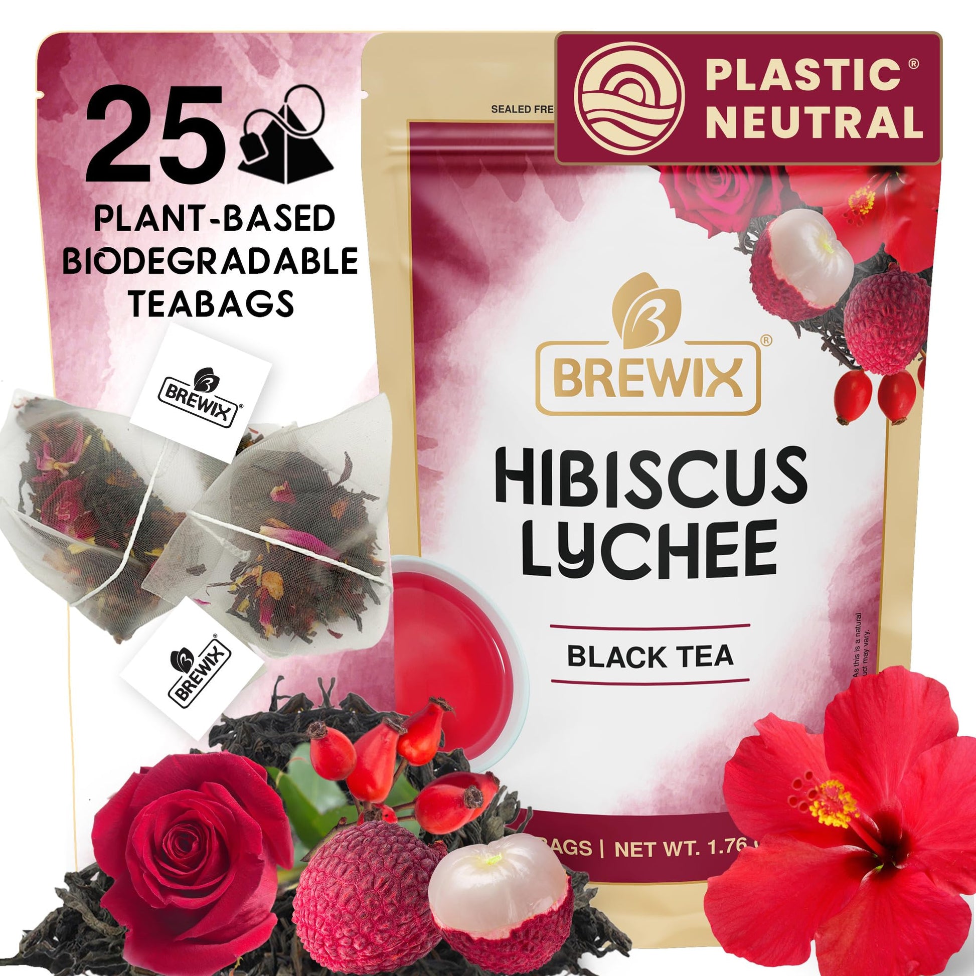 Brewix  Hibiscus Lychee Tea Bags (25 Plant Based Tea Bags) Energy Blend-Free  Made With Real - Hibiscus Flowers  Black Tea  Rosehip  Apple  Licorice  Rose | Contains Antioxidants & Support Overall Health