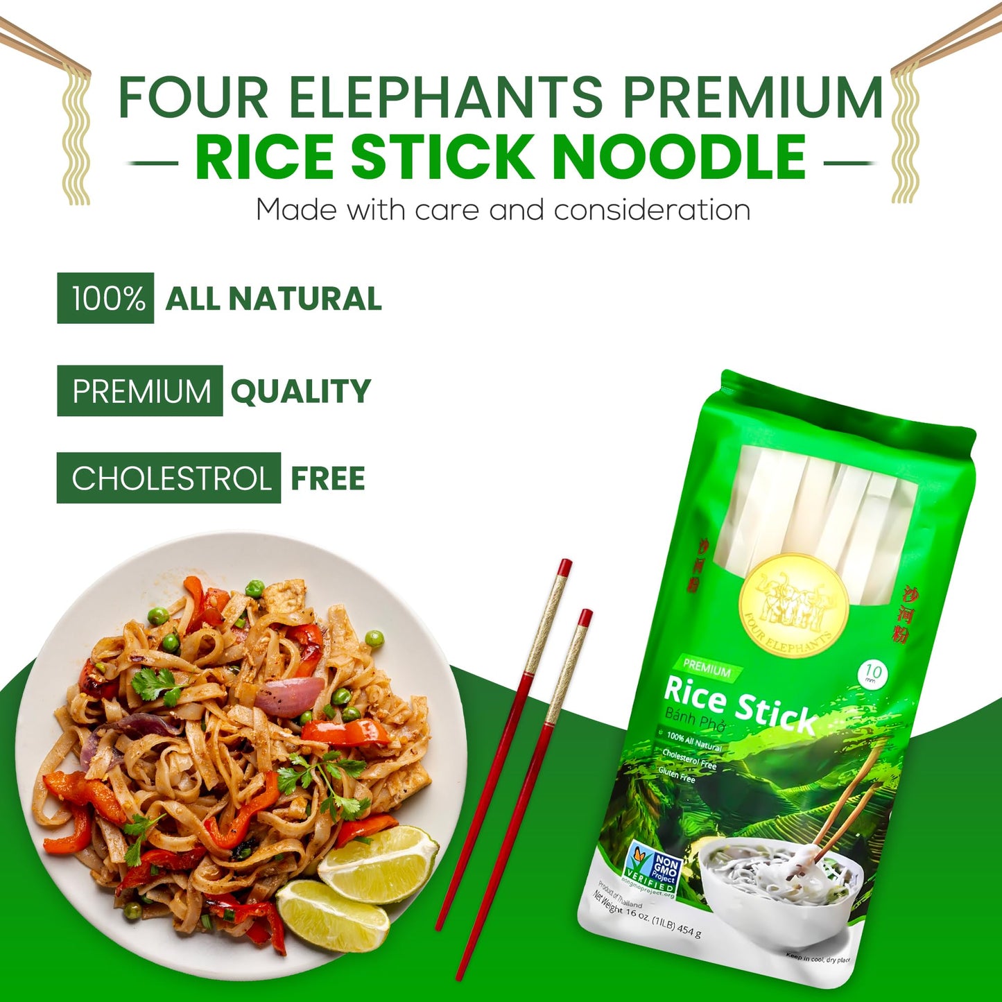 10Mm Rice Stick Noodles (Authentic) | Pack Of 3 | 1Lb 454G Per Pack | Use For Pad Thai & Pho | Diy Cooking Instructions Included | Four Elephants Brand