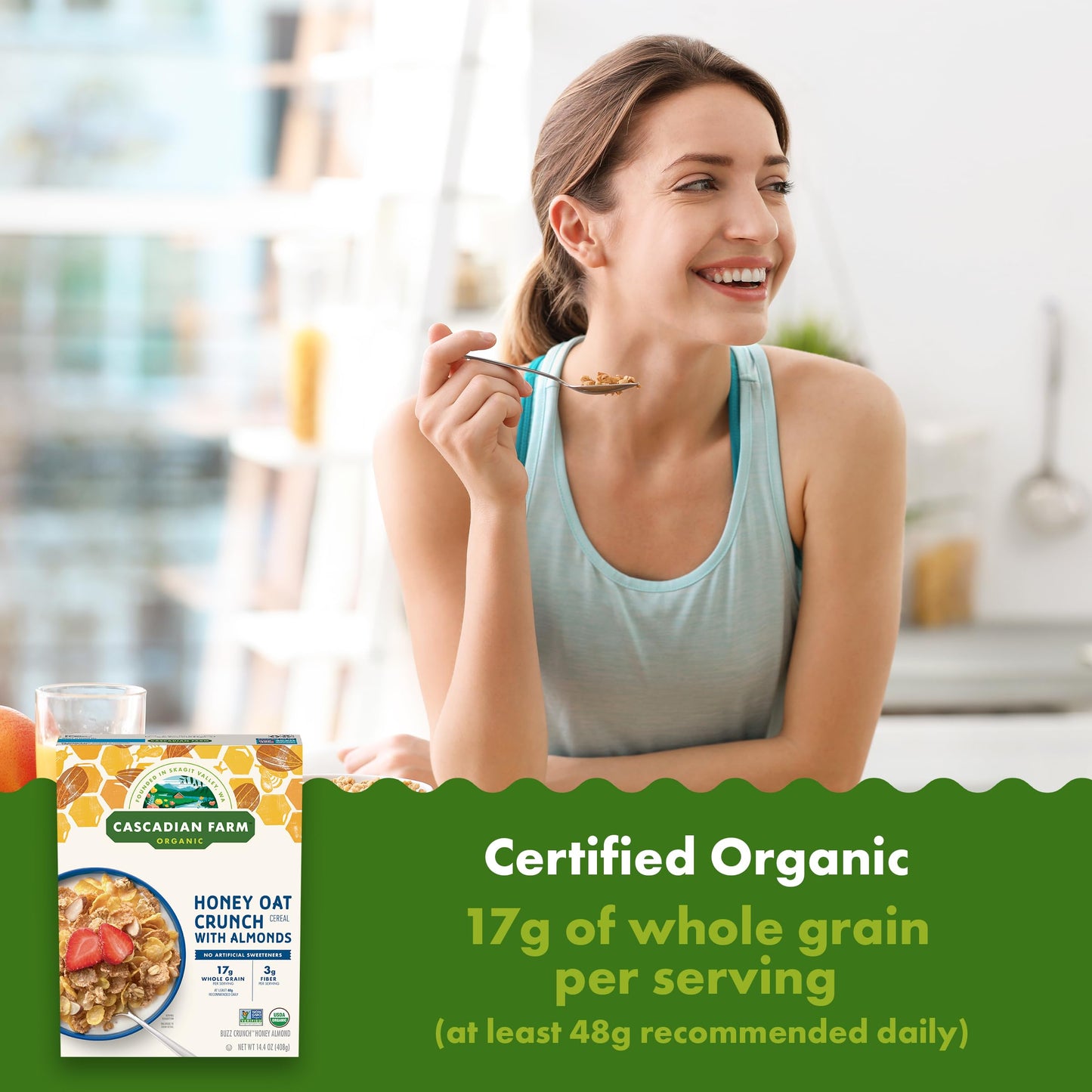 Cascadian Farm Organic Honey Oat Crunch Cereal With Almonds, Non-Gmo, 14.4 Oz.