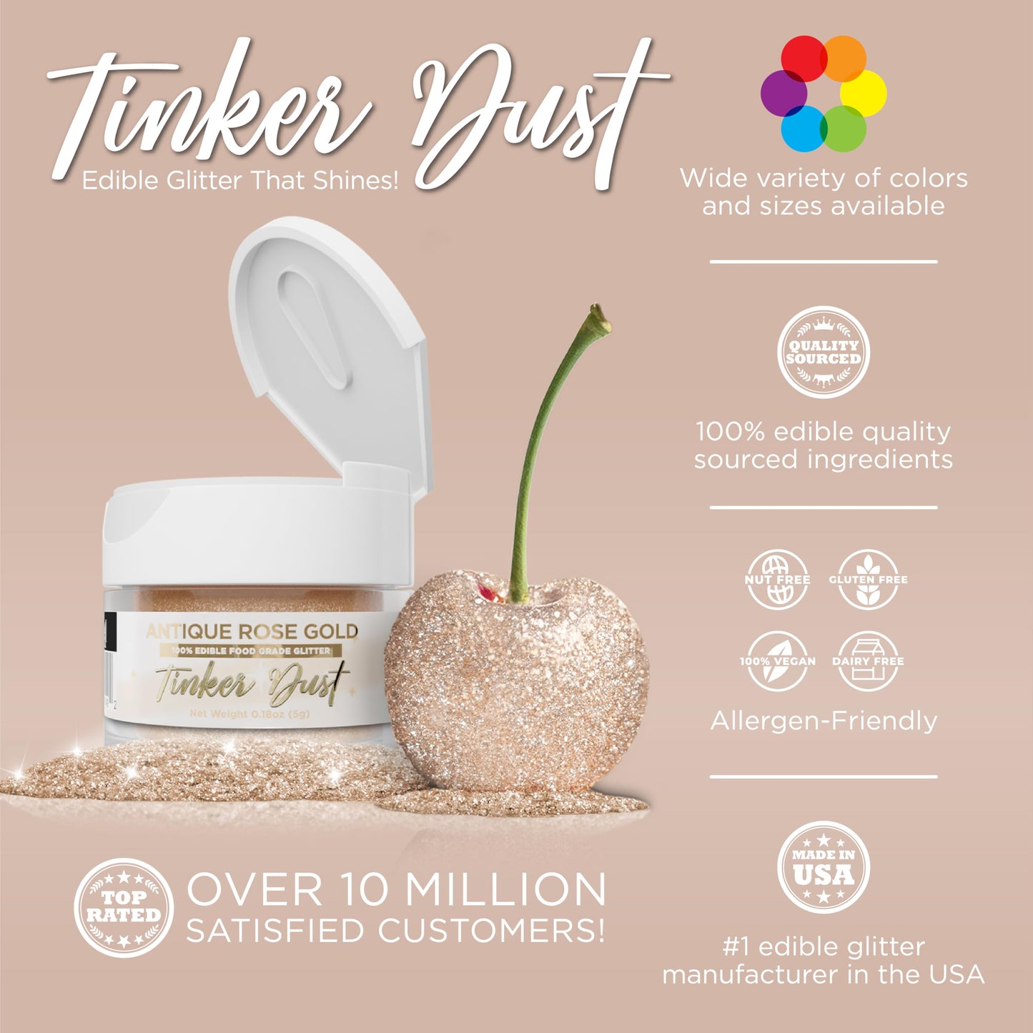 Bakell - Antique Rose Gold Tinker Dust (5G, 1X Jar) Edible Glitter For Food, Desserts, And Beverages!