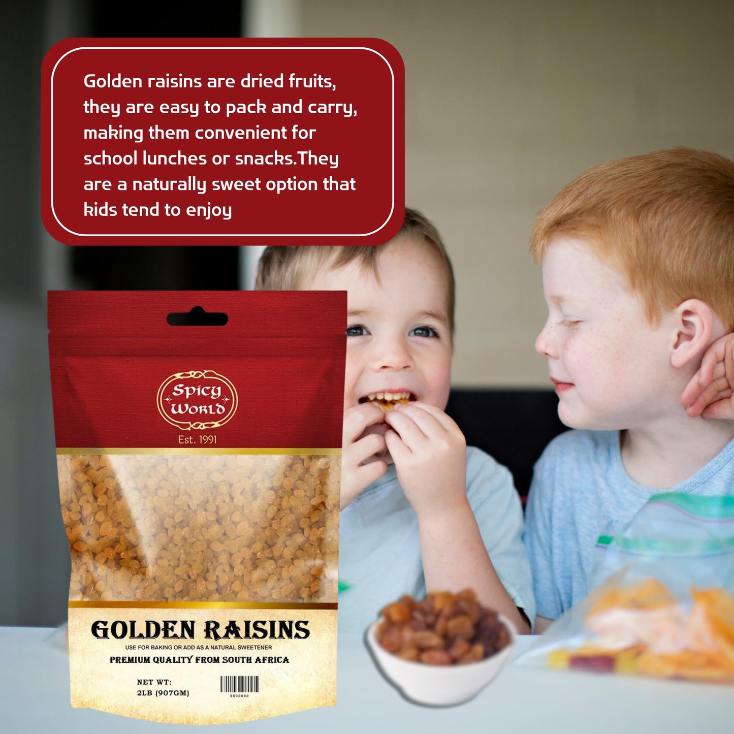 Spicy World Golden Raisins 2 Lb Bulk Bag - Sweet & Seedless Sultanas From South Africa | | Perfectly Dried For Natural Sweetness | Ideal Dried Fruit Snack | For Baking & More | No Added Sugar