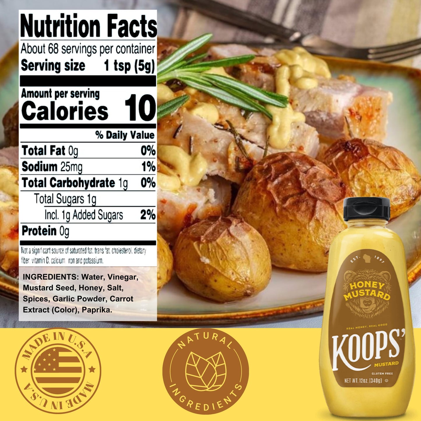 Koops' Honey Mustard - Gourmet Mustard, Gluten-Free, Kosher, Made In Usa, From Quality Mustard Seeds, Honey Mustard Sauce - 12 O