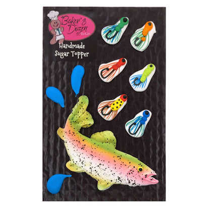 Rainbow Trout Fishing Set- 10 pcs Edible Royal Icing Cake Cupcake Topper (Choose Style Below)