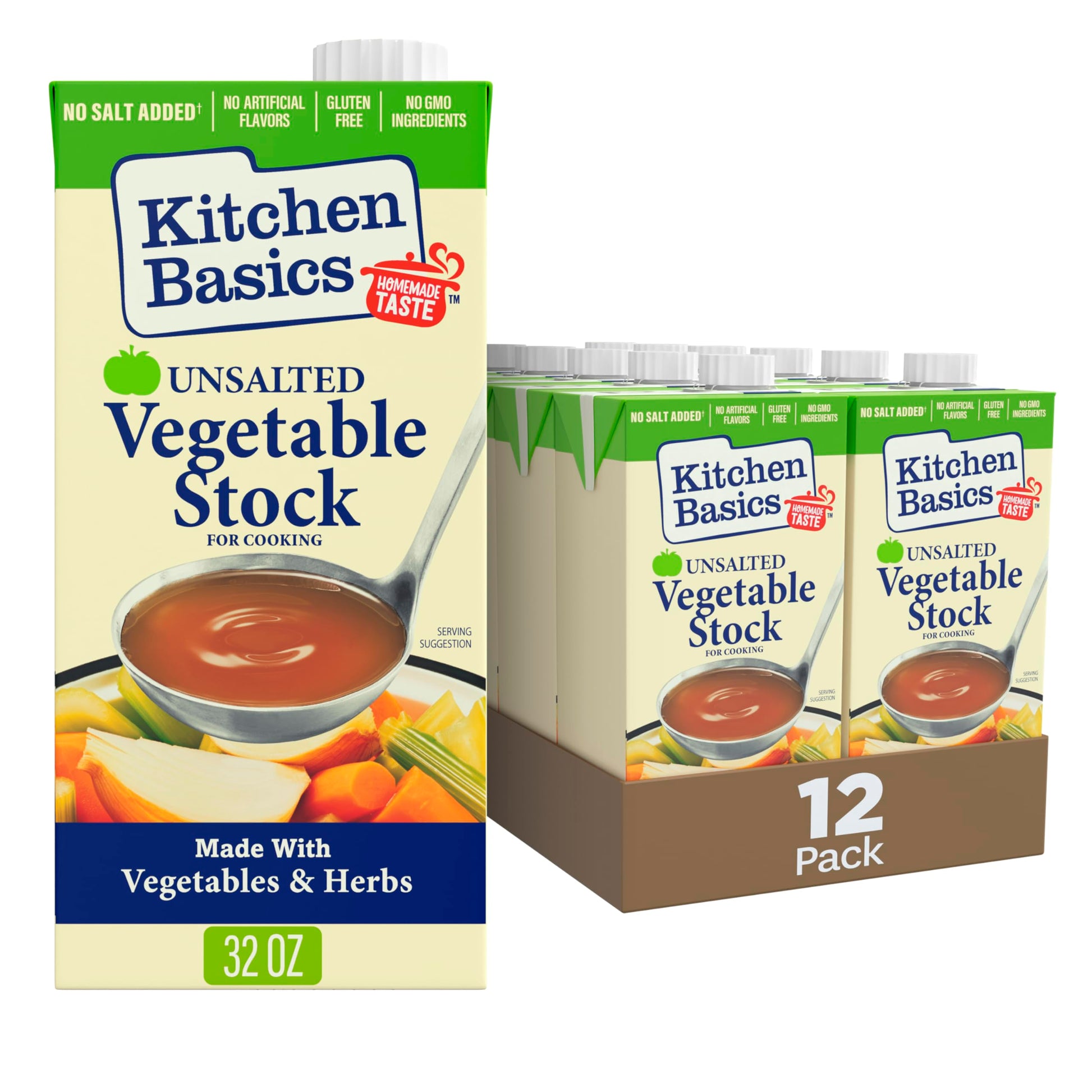Kitchen Basics Unsalted Vegetable Stock, 32 oz (Pack of 12) For Delicious Dishes and Enhanced Flavors, Great for Vegetarian Reci
