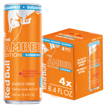 Red Bull Amber Edition Sugar Free Energy Drink, Strawberry Apricot, 8.4 Fl Oz, Pack of 4 Cans, Model RB243200
