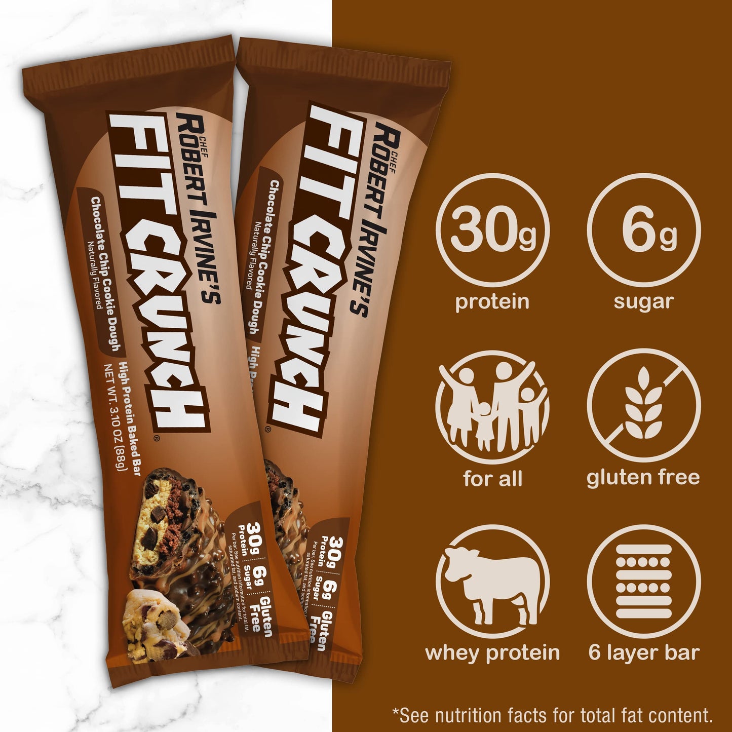 Fitcrunch Full Size Protein Bars, 6-Layer Baked Bar, 6G Of Sugar, Gluten Free & Soft Cake Core (Chocolate Chip Cookie Dough)