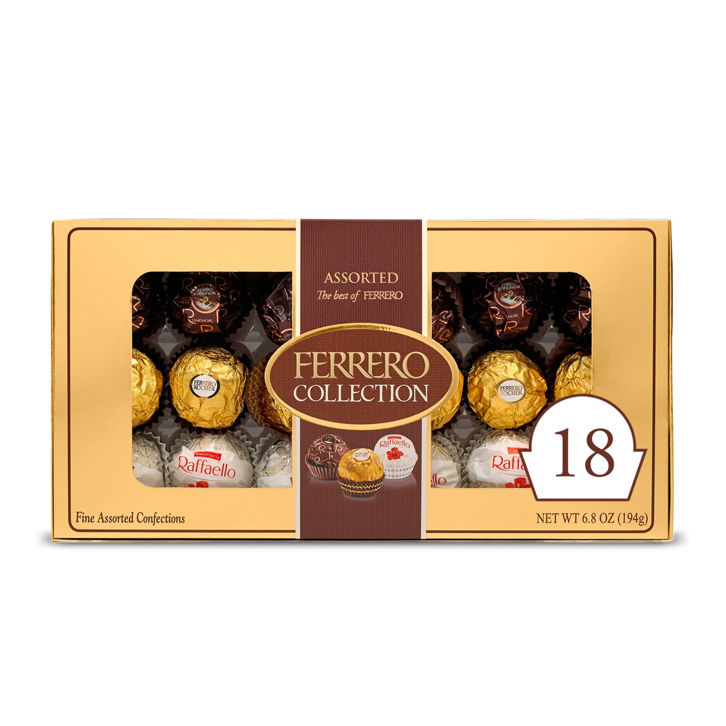 Ferrero Rocher Gourmet Assorted Chocolates, 18 Count, Milk Chocolate, Dark Chocolate, Coconut, 6.8 oz