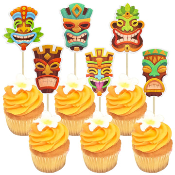 Gyufise 36Pcs Tiki Tribal Masks Cupcake Toppers Hawaiian Tropical Tiki Totem Cupcake Picks Summer Hawaiian Aloha Tropical Birthd
