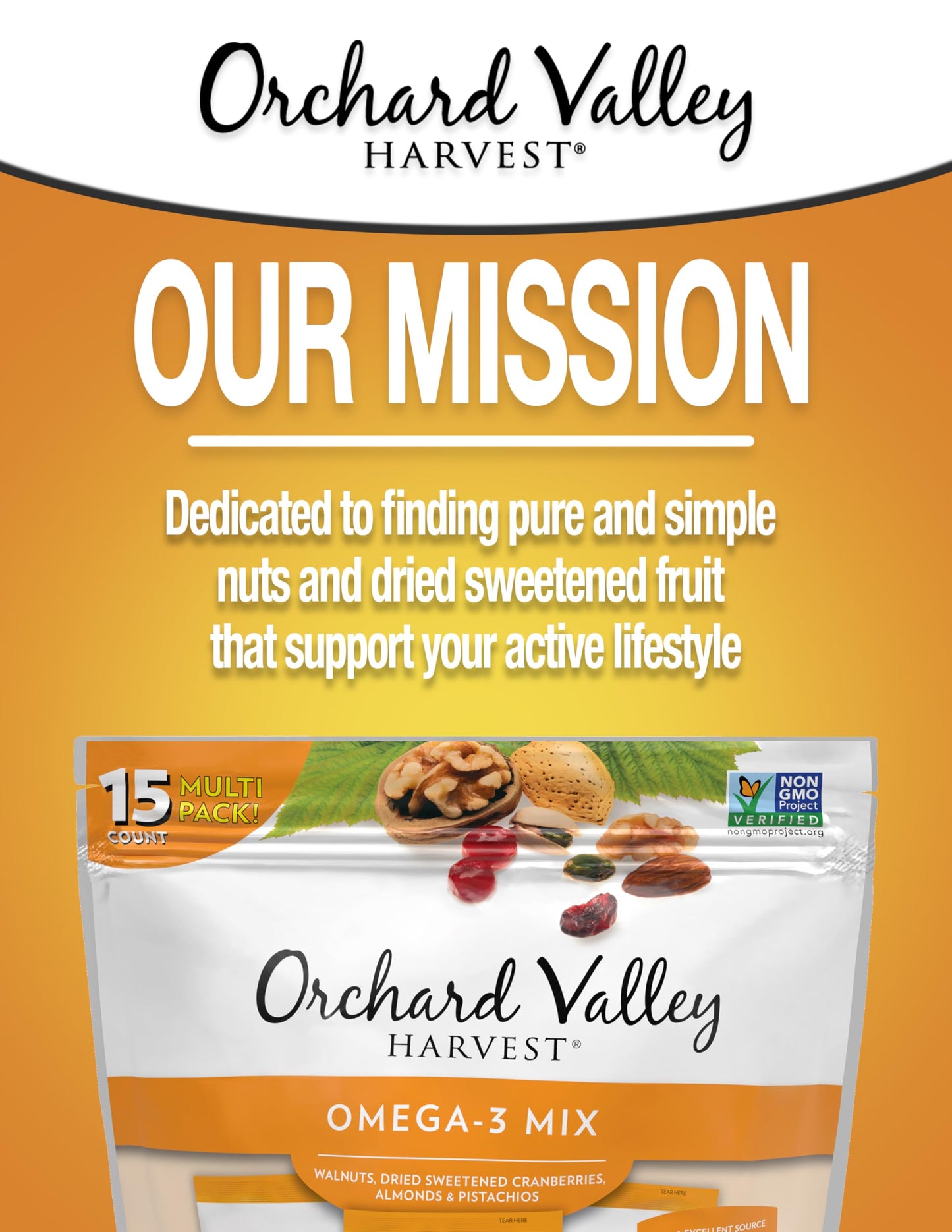 Orchard Valley Harvest Omega-3 Mix, 1 Ounce Bags (Pack Of 15), Walnuts, Cranberries, Almonds, And Pistachios, Gluten Free, Non-G