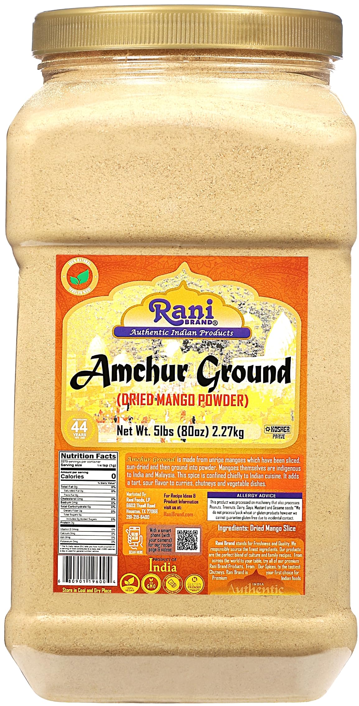 Rani Amchur (Mango) Ground Powder Spice 80Oz (5Lbs) 2.27Kg Bulk Pet Jar ~ All Natural, Indian Origin | No Color | Gluten Friendly | Vegan | Non-Gmo | Kosher | No Salt Or Fillers