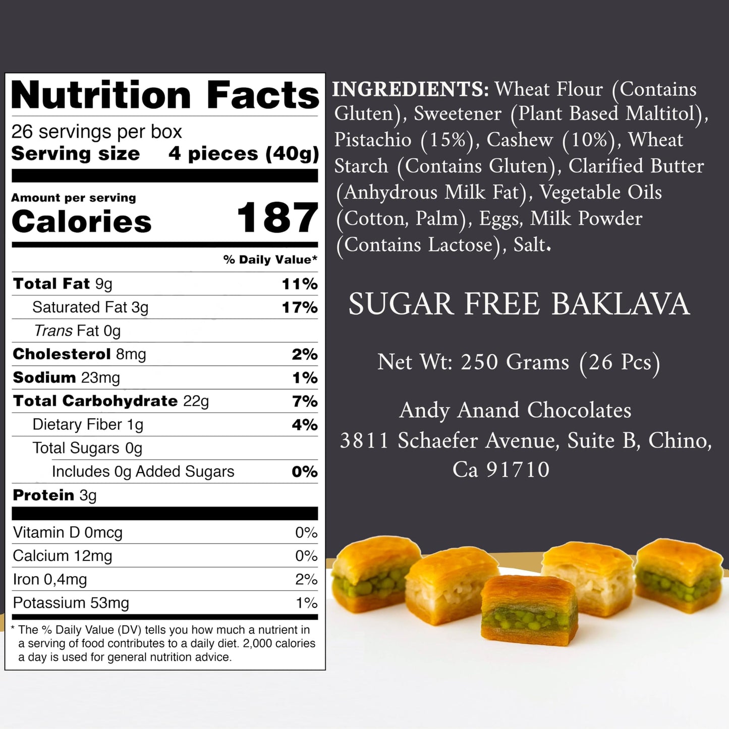 ANDY ANAND CHOCOLATIER Sugar Free Baklava - 26 Pcs, Nutty Layers, 8.8 Oz