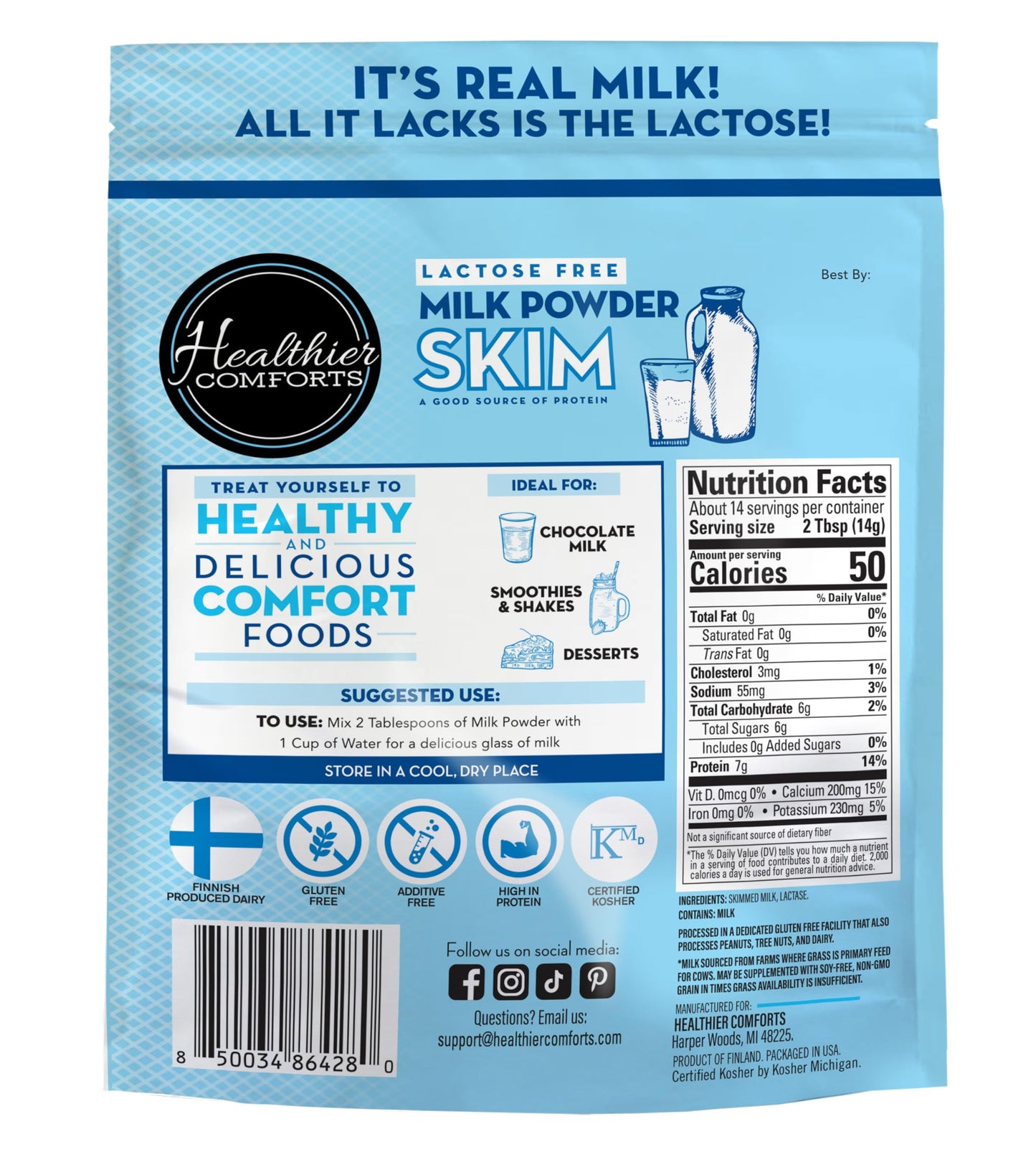 Healthier Comforts Lactose Free Skim Milk Powder | High Protein, Non-GMO | 7 Ounce