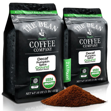 The Bean Organic Coffee Company Water Processed DECAF Pumpkin Spice, Medium Roast, Ground Coffee, 16-Ounce Bags (Pack of 2), Caf