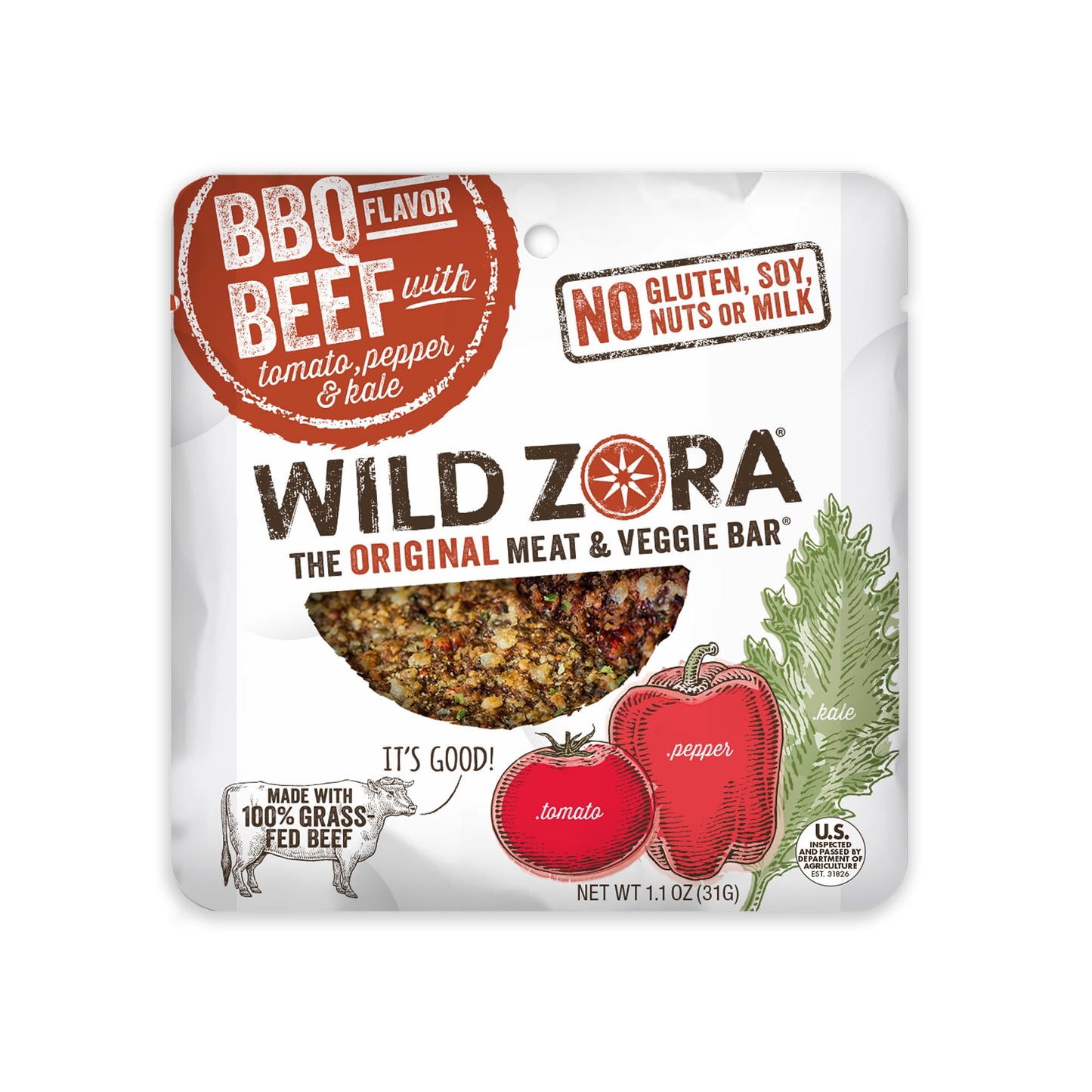 Wild Zora Meat & Veggie Bars, Bbq Beef, 10-Pack, 100% Grass Fed Beef, Healthy Jerky Paleo Snacks With Veggies, Gluten Free, Soy 