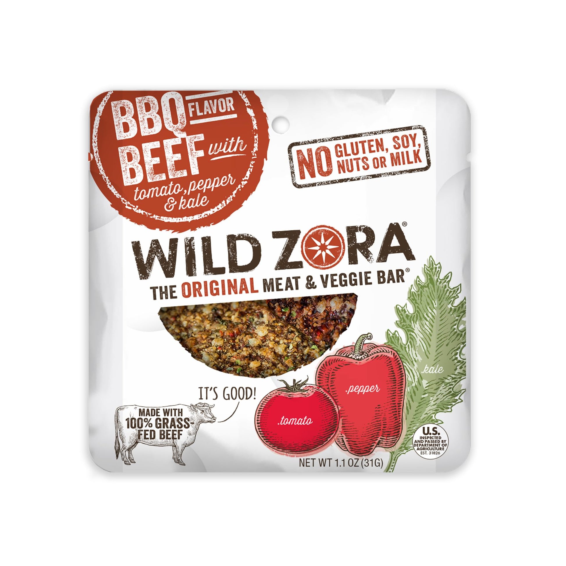 Wild Zora Meat & Veggie Bars, Bbq Beef, 10-Pack, 100% Grass Fed Beef, Healthy Jerky Paleo Snacks With Veggies, Gluten Free, Soy 
