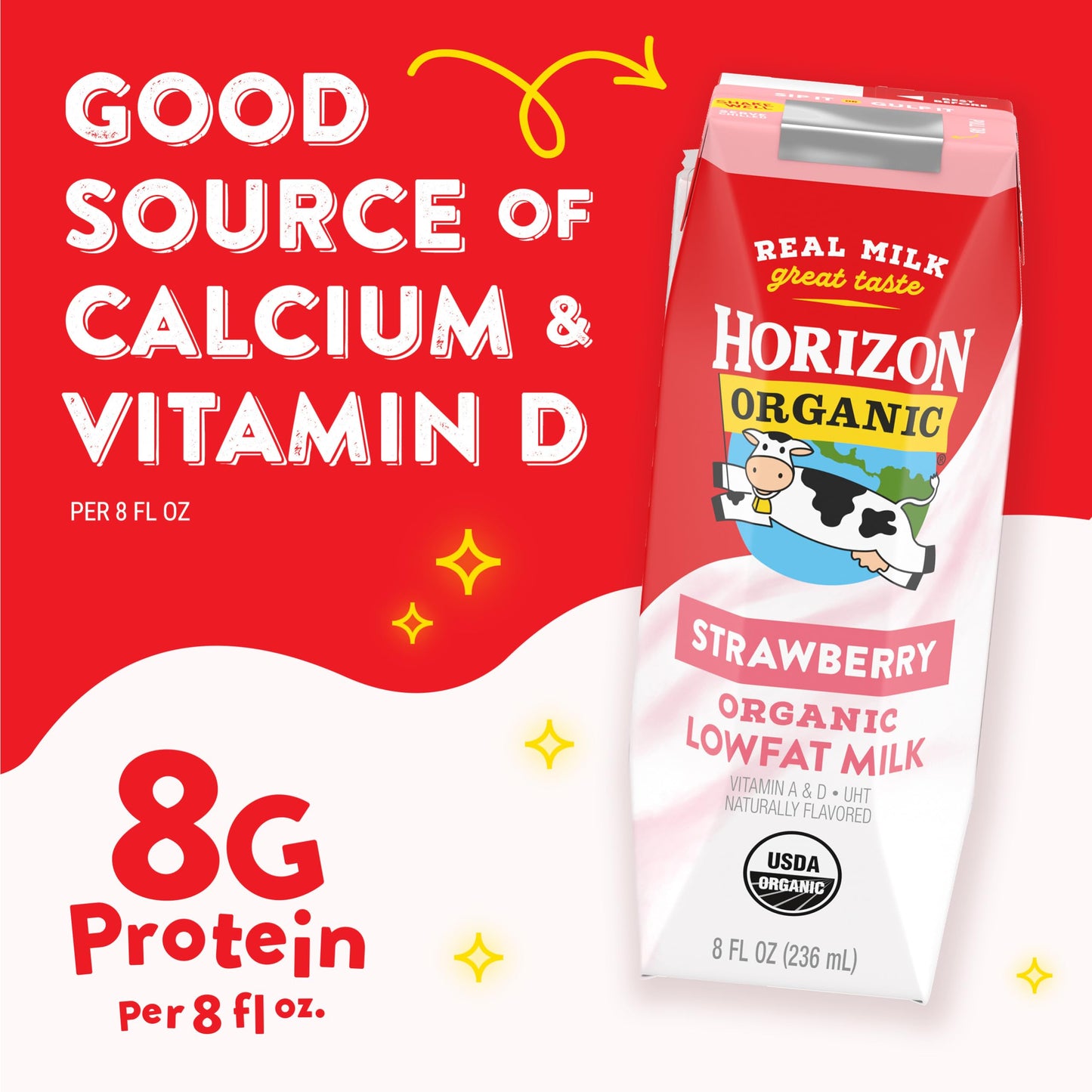 Horizon Organic Shelf Stable 1% Lowfat Strawberry Milk Boxes, 8 fl oz, 6 Count - 8g Protein per Serving, USDA Organic UHT from P