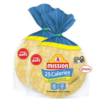 Mission 25 Calorie Yellow Corn Tortilla 2 Pack - 30 Count - 11.25 Oz.- (Total 60 Tortillas) - Low Calorie Corn Tortillas - Certified Gluten Free