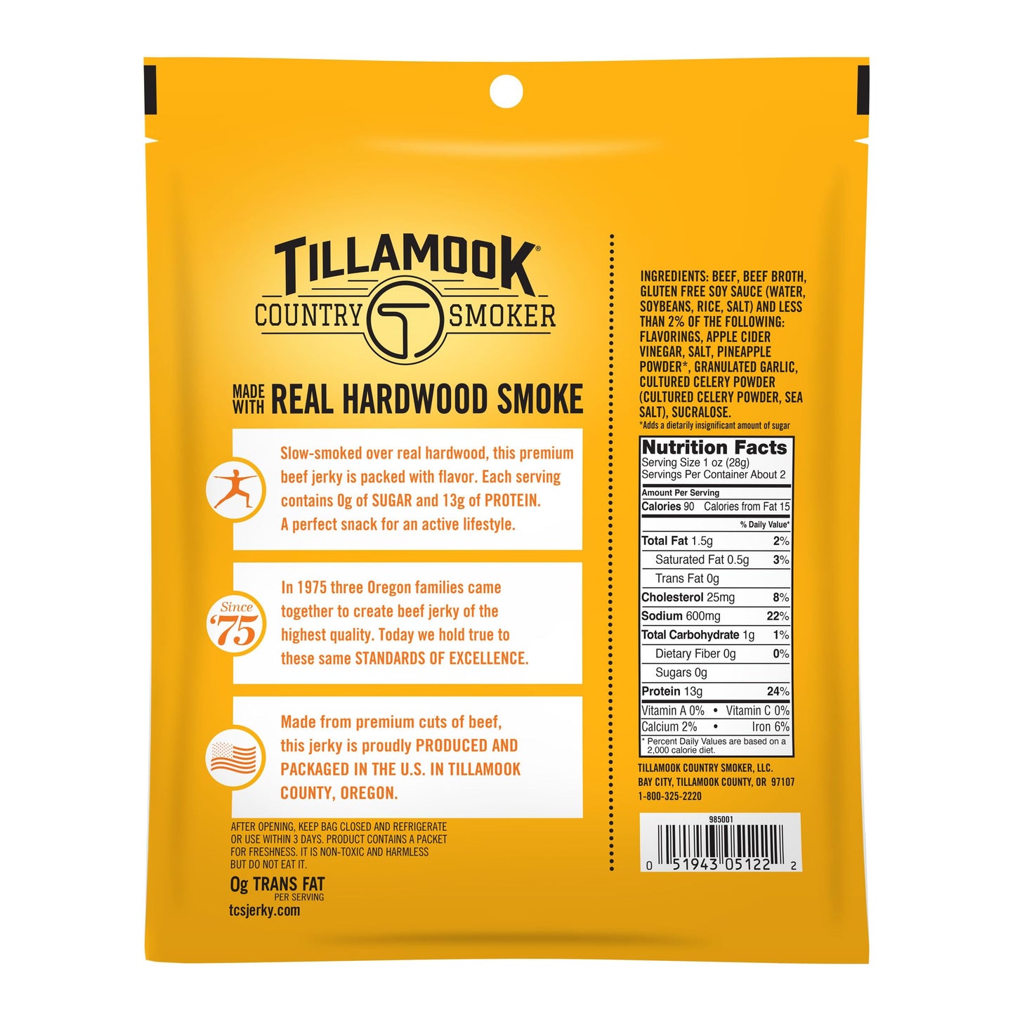 Tillamook Beef Jerky, Teriyaki Flavor, Zero Sugar, Low Carb, High Protein, Gluten Free, 2.2 Ounce