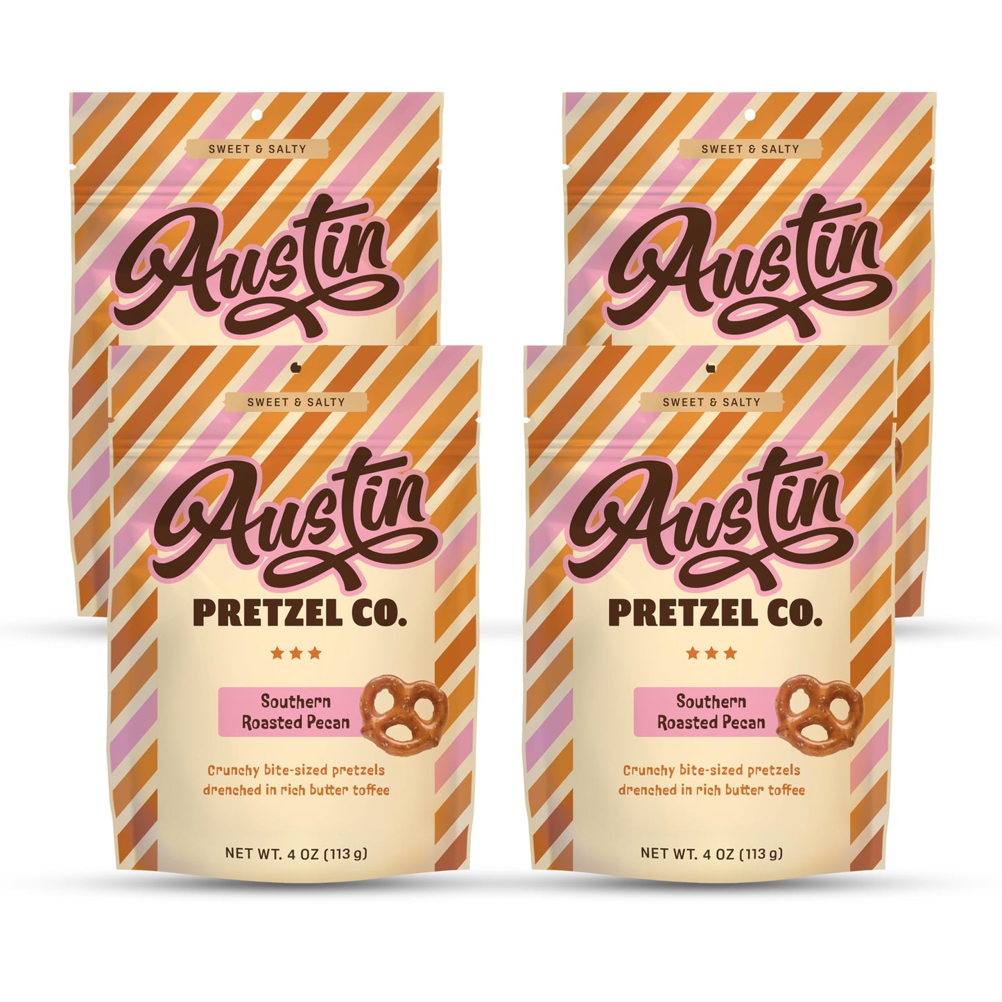 Austin Pretzel Co. Southern Roasted Pecan Pretzels, 4 Oz Gourmet Snack, Crunchy Bite-Sized, Pack of 4