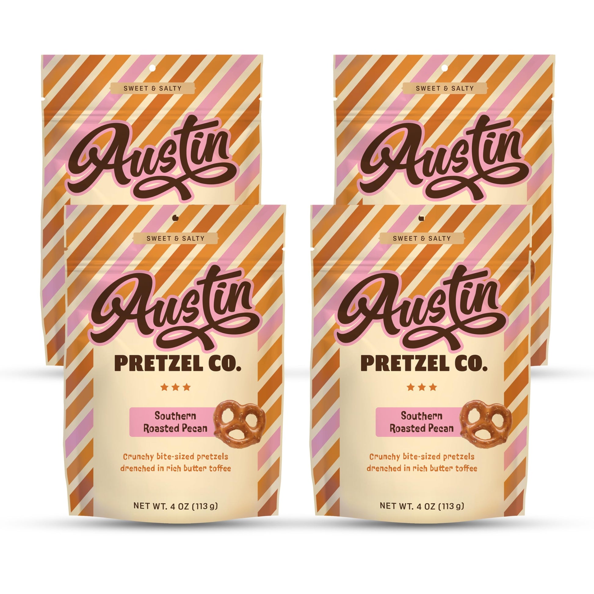 Austin Pretzel Co. Southern Roasted Pecan Pretzels, 4 Oz Gourmet Snack, Crunchy Bite-Sized, Pack of 4