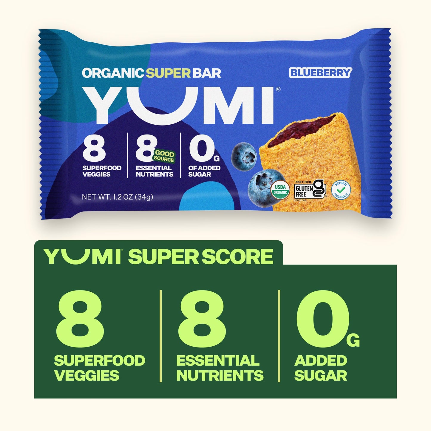 YUMI Organic Breakfast Superbar, Gluten-Free, No Added Sugar, 7+ Vegetables, Soft-Baked Crust, Healthy Snack Bars for Kids, Scho