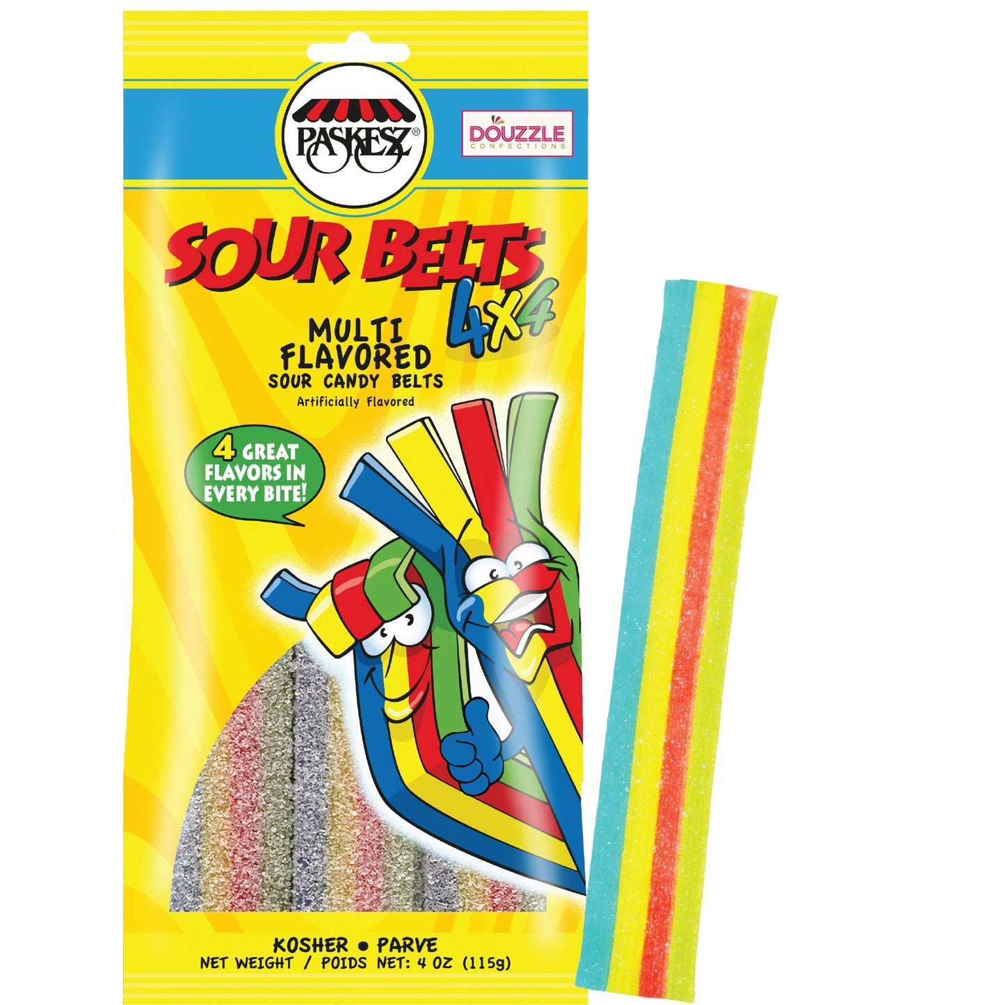 DOUzzle Back To School Sour Belts Chewy Candy Strips 4x4 Multi Flavored (4 OZ - 1 Pack) Goodie Bag Stuffer, Pinata Filler - Kosh