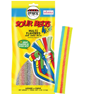 DOUzzle Back To School Sour Belts Chewy Candy Strips 4x4 Multi Flavored (4 OZ - 1 Pack) Goodie Bag Stuffer, Pinata Filler - Kosh