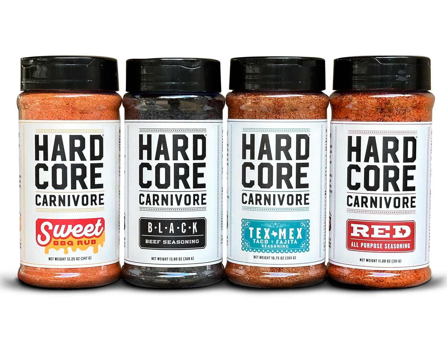Hardcore Carnivore CORE PACK: Black beef seasoning, Red all-purpose seasoning, TexMex seasoning, Sweet BBQ rub seasoning (4 pk)