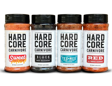 Hardcore Carnivore CORE PACK: Black beef seasoning, Red all-purpose seasoning, TexMex seasoning, Sweet BBQ rub seasoning (4 pk)