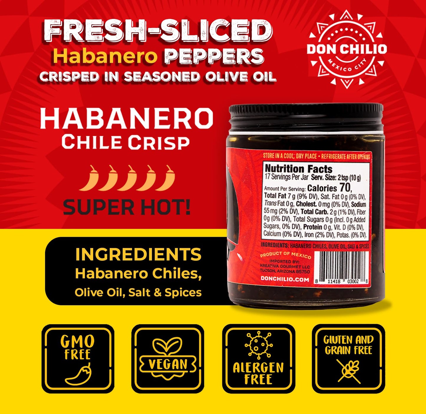 Don Chilio Hot Habanero Mexican Chile Crisp, 5 oz., 2 Pack - Crunchy Sliced Habanero Fried Chili Peppers in Hot Seasoned 100% Ol
