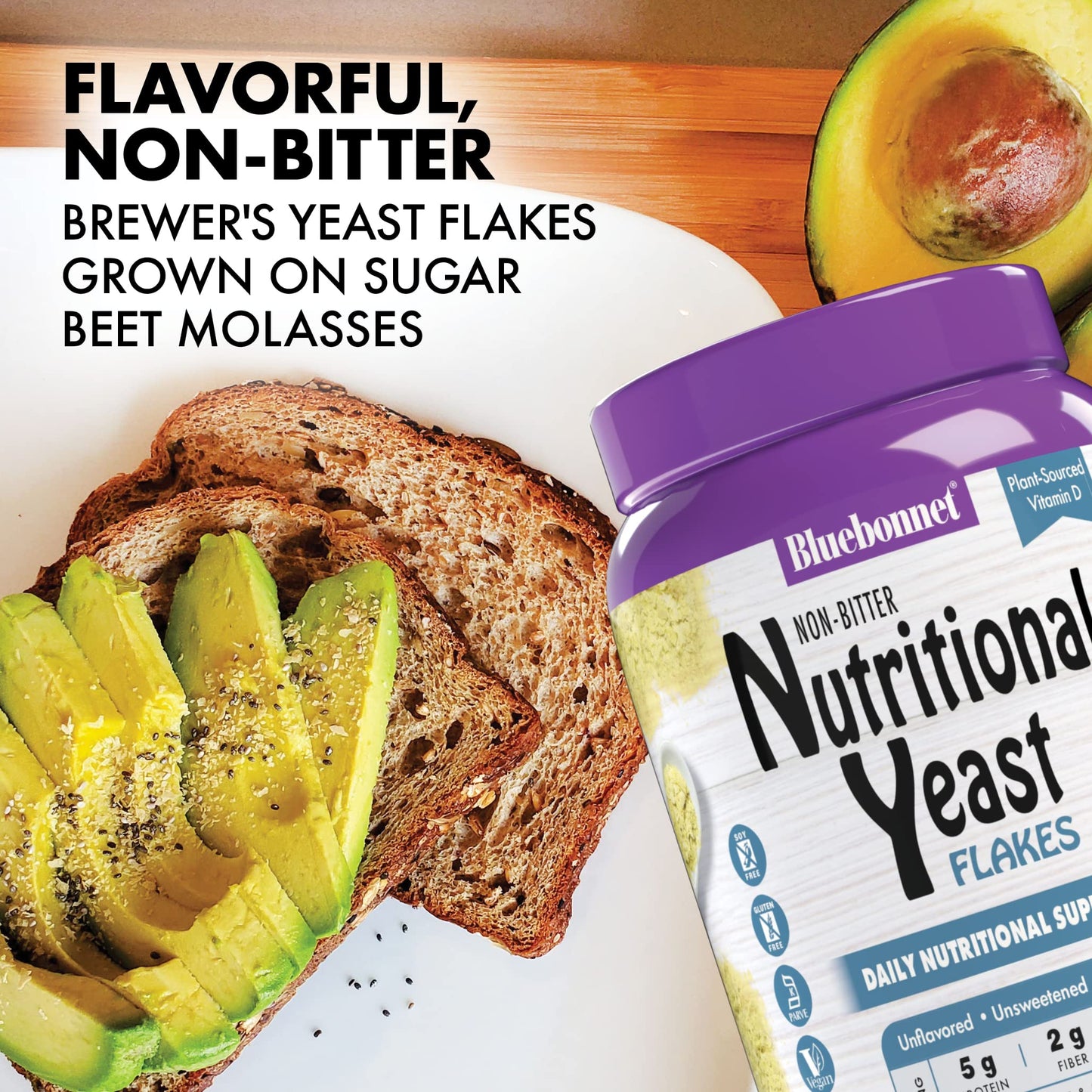 Bluebonnet Nutrition Non-Bitter Nutritional Yeast Flakes - Plant-Sourced Protein, B Vitamins & Vitamin D - Non-Gmo, Vegan, Koshe
