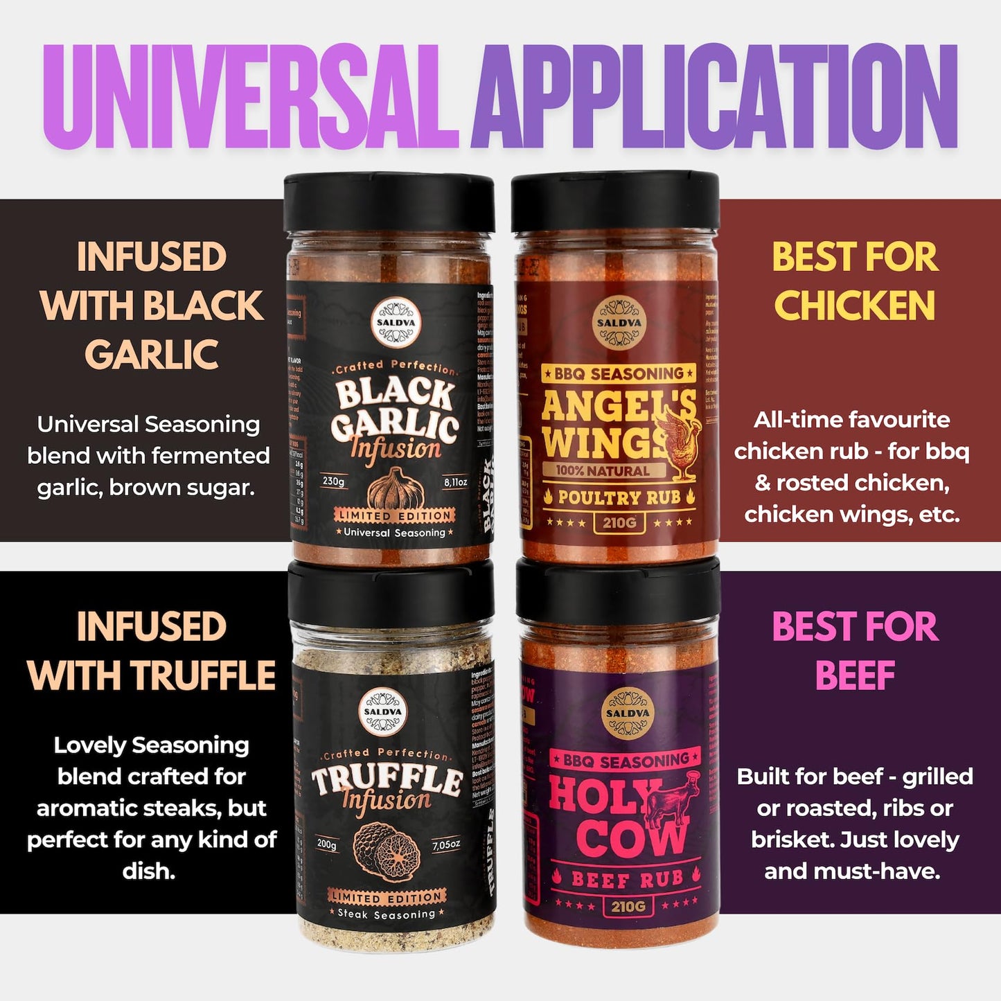 Enhanced Bbq Rub Gift Set - Holy Cow, Angel’S Wings, Black Garlic, Truffle Infusion Bbq Rubs | Pack Of 4 | 100% Natural | Spice Gift For Foodie