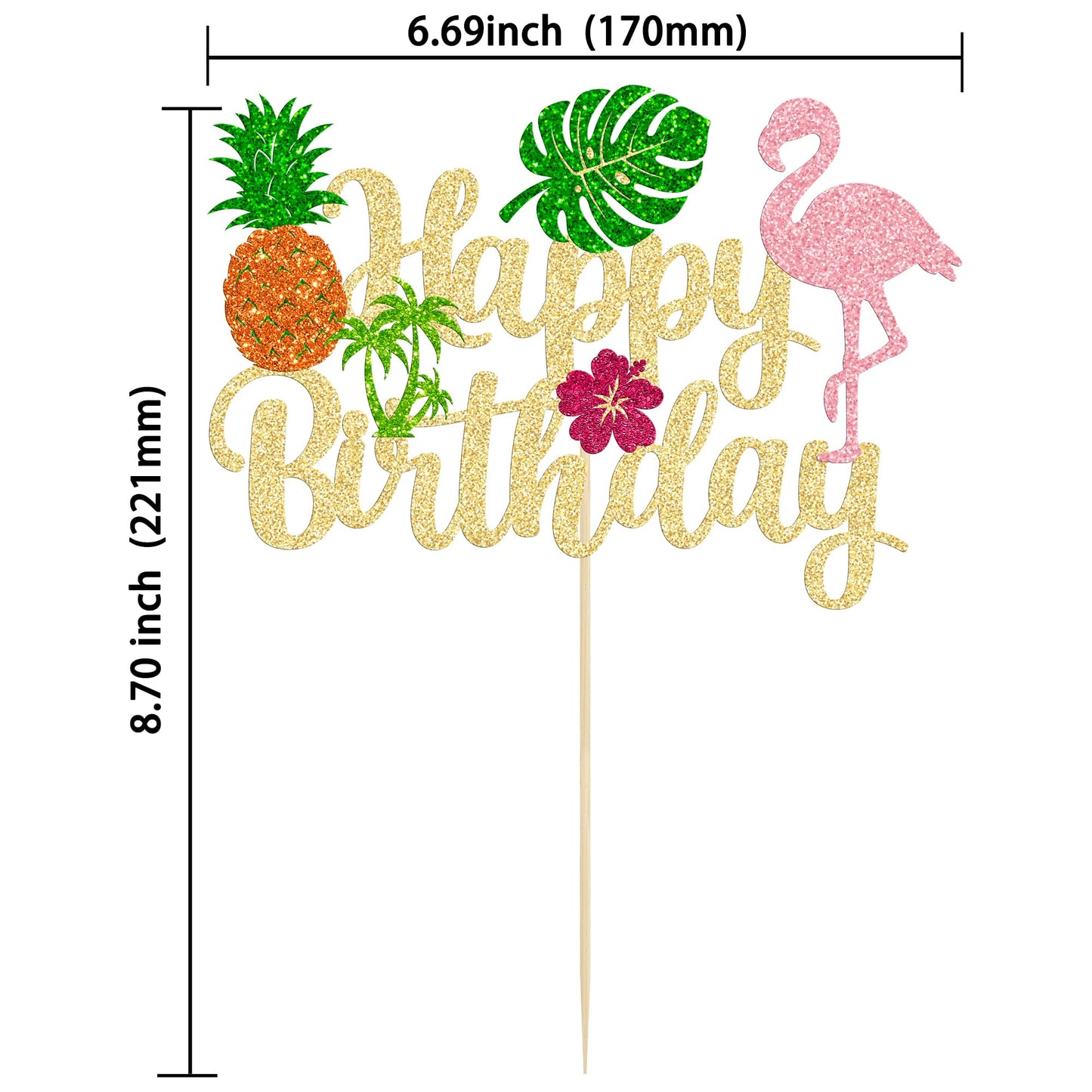 Ephlyn 1Pc Tropical Luau Happy Birthday Cake Topper Glitter Palm Tree Flamingo Pineapple Aloha Cake Pick Decorations For Hawaiia