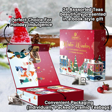 Brewix, Tea Advent Calendar 2024 | 24 Pyramid Tea Bags - Luxury Gift Box | Selection Of 24 Delightful Black/Green Teas And Infus