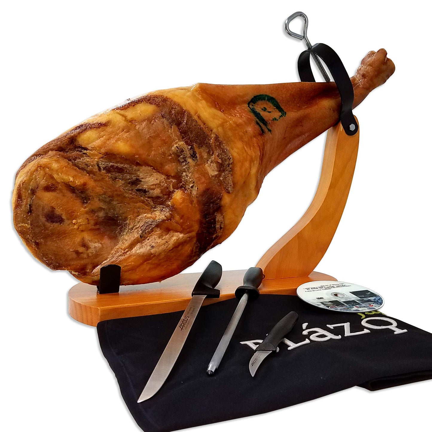 Blázquez Iberico Ham Shoulder 15 Months Cured, 50% Iberico Breed, 13 lbs, 5 Piece Set with Ham Holder & Carving cutting too