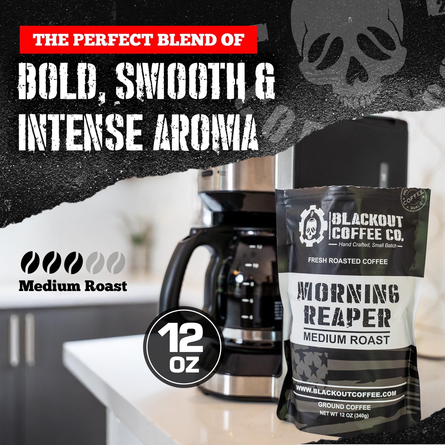 Blackout Coffee Morning Reaper Ground Coffee - Medium Roast, Bold & Strong Flavor - Freshly Roasted 12oz Bag, American Made