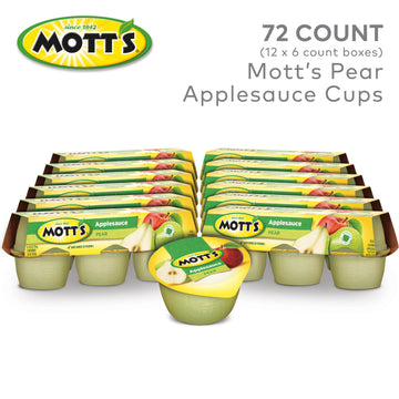 Mott'S Pear Applesauce, 4 Oz Cups, 72 Count (12 Packs Of 6), No Artificial Flavors, Good Source Of Vitamin C, Nutritious Option