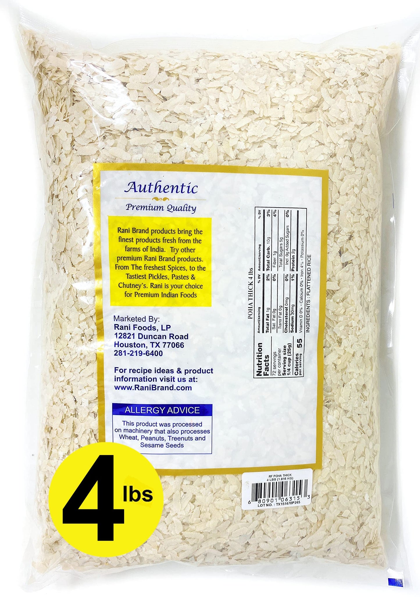 Rani Poha (Powa) Thick Medium-Cut (Flattened Rice) 64Oz (4Lbs) 1.81Kg ~ All Natural, Salt-Free | Vegan | Kosher | No Colors | Gluten Friendly | Indian Origin