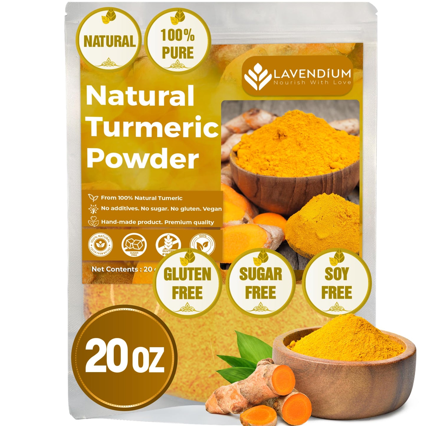 Lavendium Turmeric Powder, 100% Natural & Pure, Ground, 20oz (1.25 lbs), Vegan, No Additives, Gluten-Free