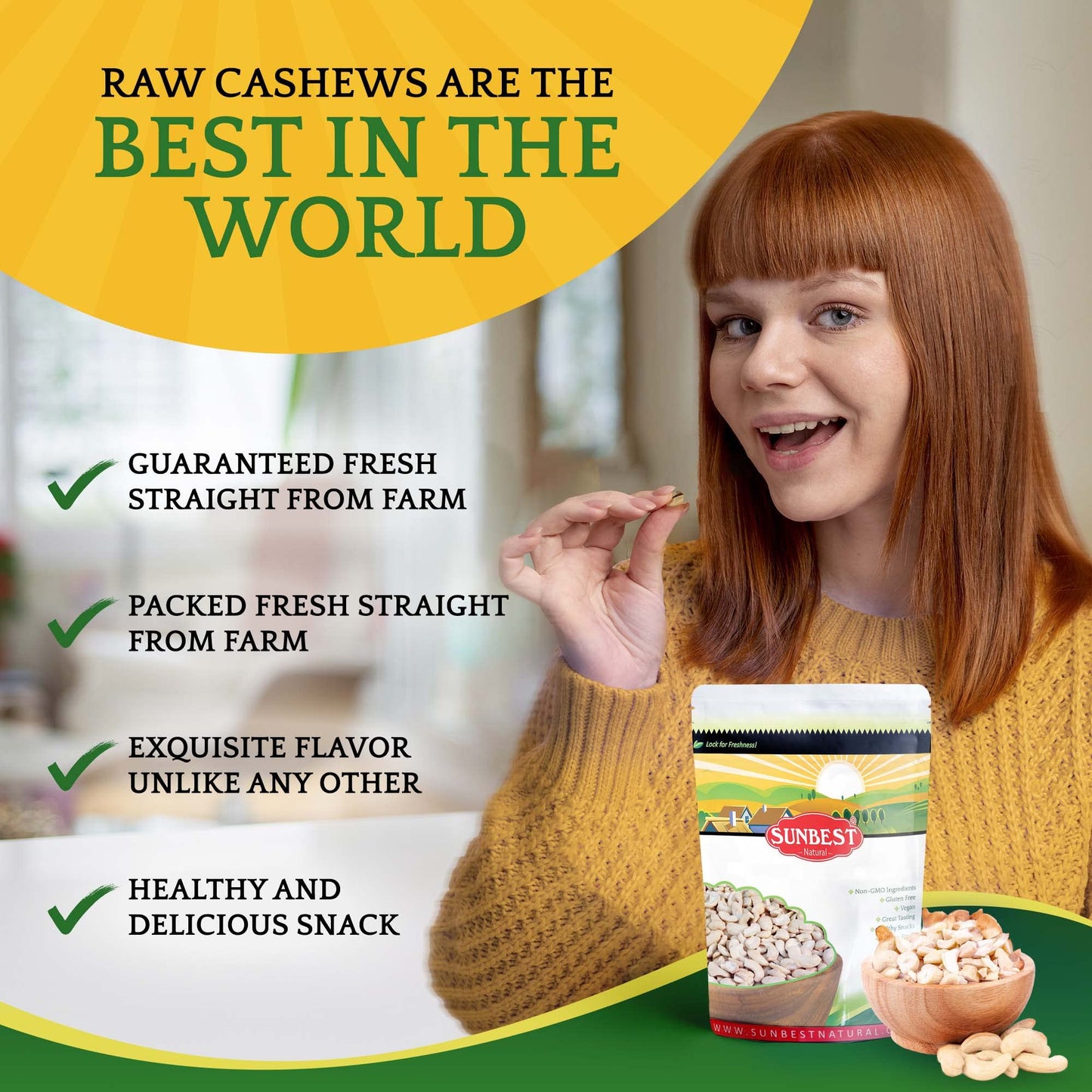 Sunbest Natural - Raw Cashew Pieces, Unroasted & Unsalted Cashews For Cooking, Baking, & Toppings, On-The-Go Vegan Snack, Non-Gmo Cashew Nuts Bulk In Resealable Bag, 5 Lbs