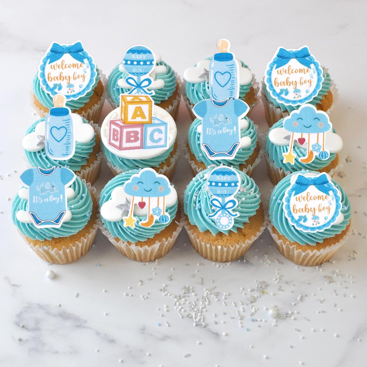 60 Pcs Edible Oh Baby Cupcake Toppers Pacifier Cloud Moon Star Welcome Baby Boy Cupcake Picks Edible Baby Shower It'S A Boy Cake