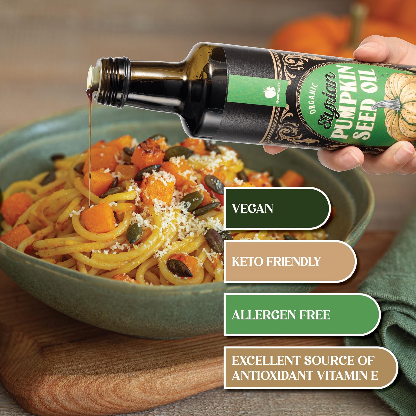 Gourmanity Organic Cold Pressed Styrian Pumpkin Seed Oil, Traditionally Made In Austria, 100% Pure Healthy And Delicious Oil, Non-Gmo, Vegan And Keto Friendly, Perfect Drizzled Over Salads, 16.9 Oz