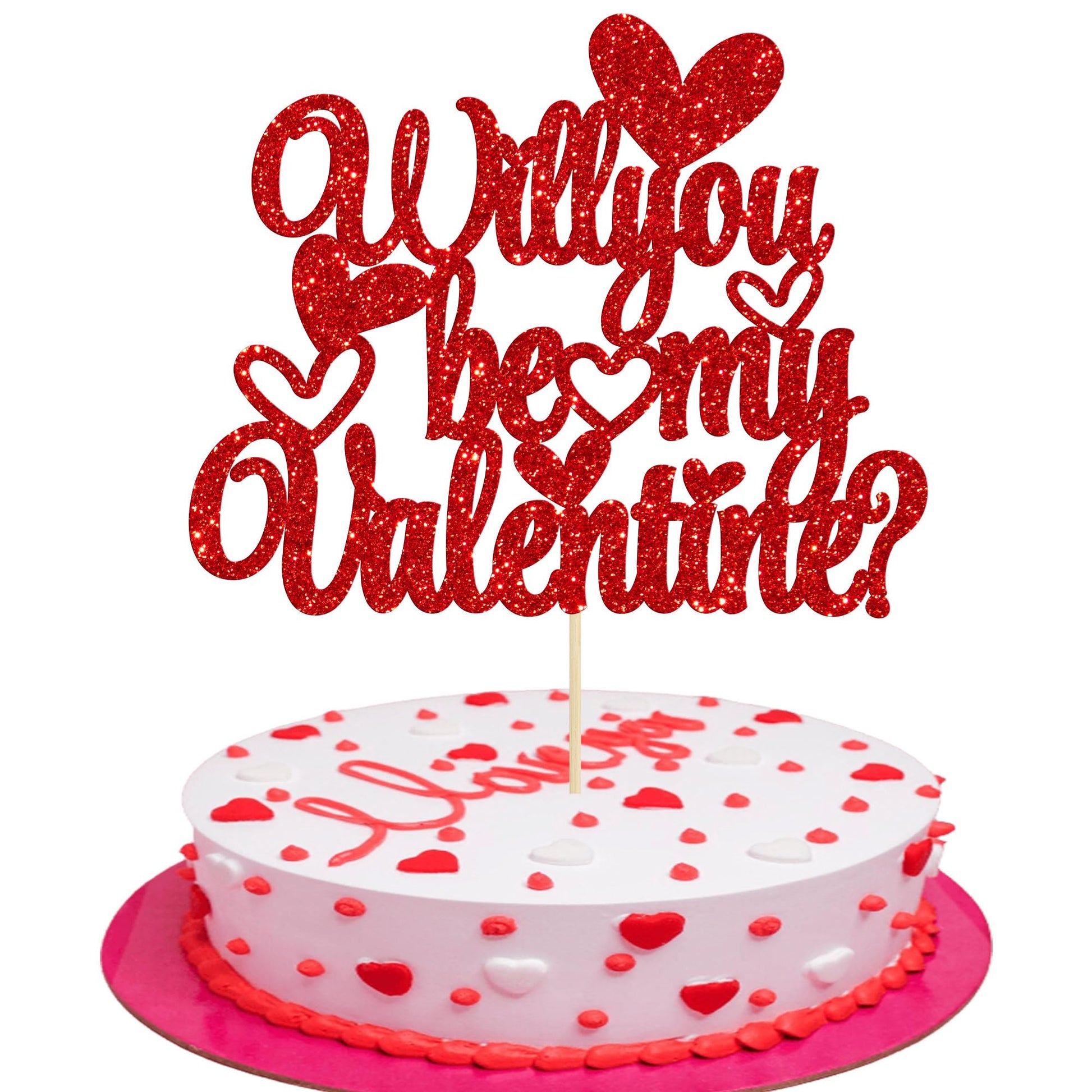 Gyufise 1Pc Will You Be My Valentine Cake Topper Glitter Sweet Love ValentineS Day Cake Picks Happy ValentineS Day Wedding Bridal Shower Birthday Party Cake Decorations Red