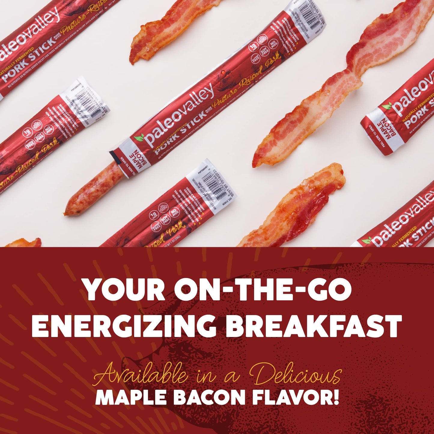Paleovalley Pasture-Raised Pork Sticks - Maple Bacon Flavor Meat Sticks Individually Wrapped, 28G - 10 Sticks - Gluten-Free Prot