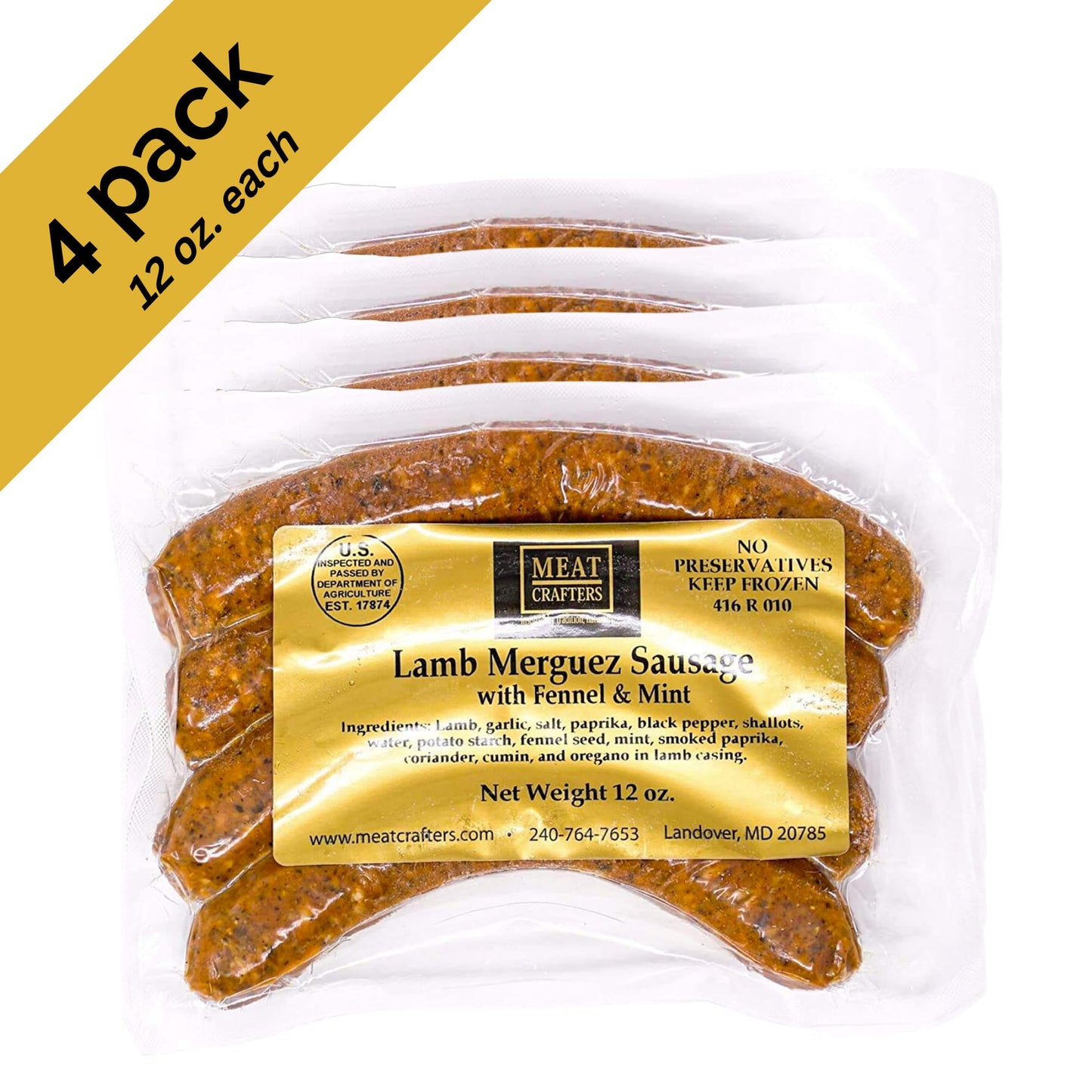 Meatcrafters Lamb Merguez Sausage With Fennel & Mint, No Antibiotics, Preservative Free, 12Oz (4-Pack, 16 Total Links)