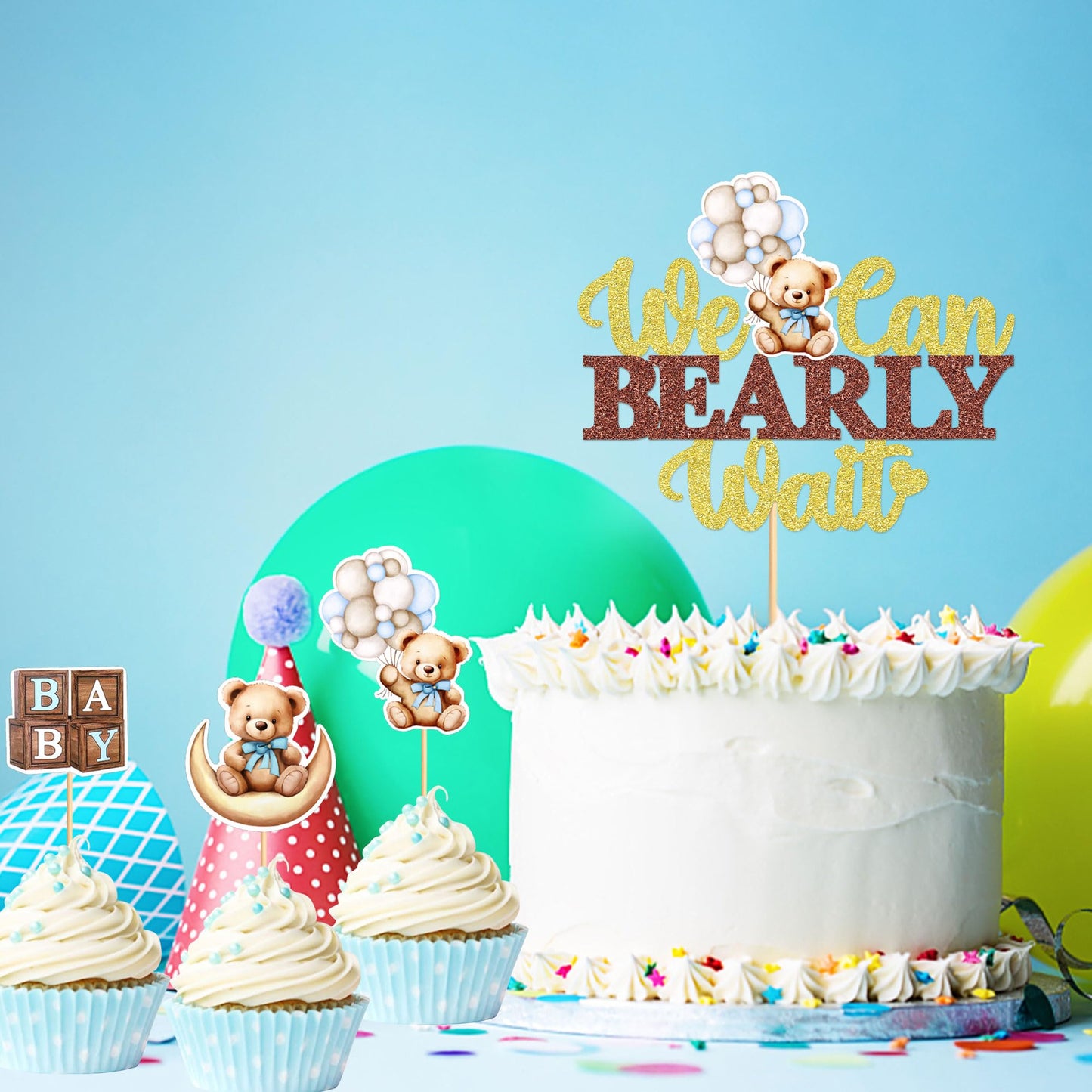 Cyodoos 25 Pcs Baby Shower Bear Cupcake Toppers Baby Shower Cake Topper Decorations Supplies Jungle Animal Theme Baby Shower Bir