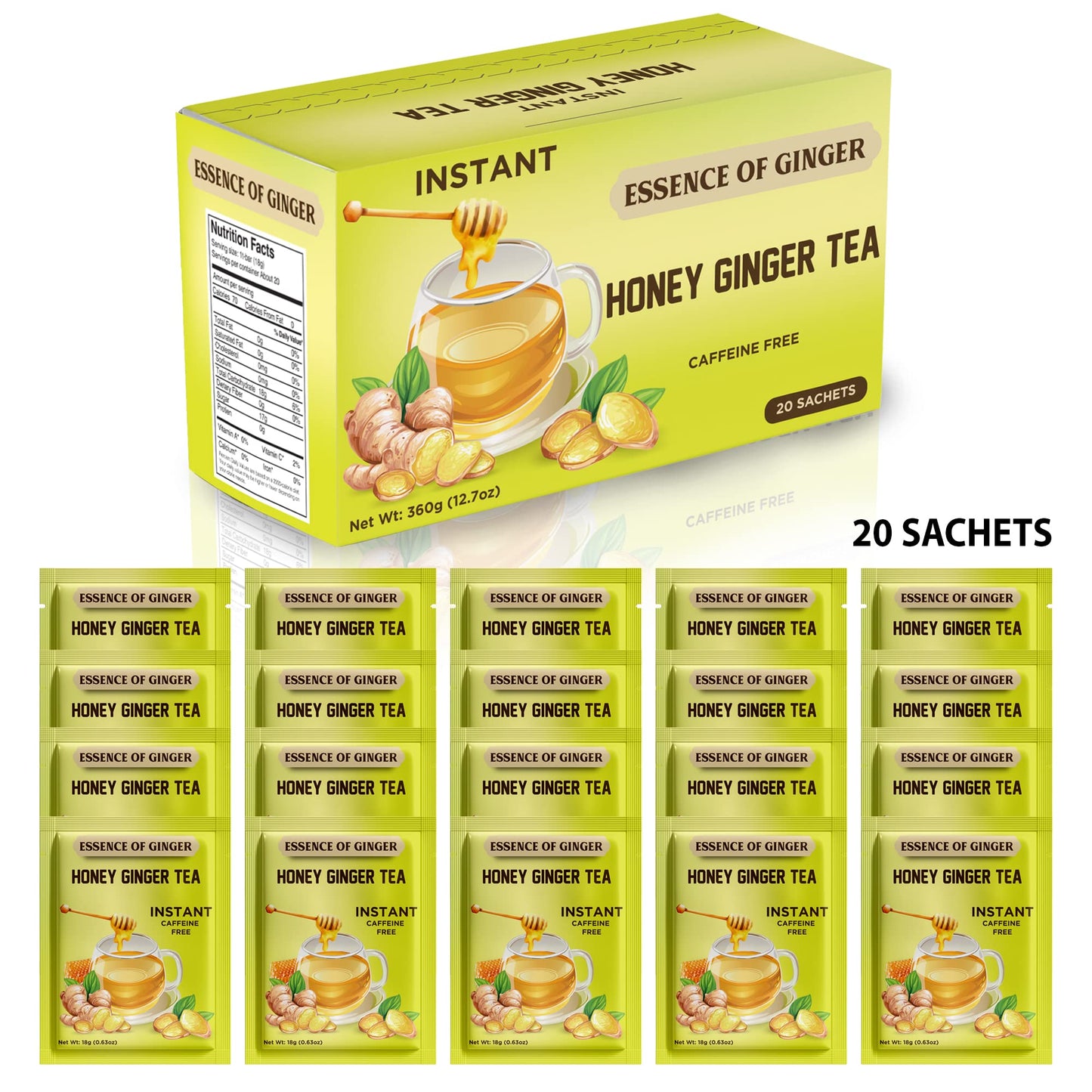 Elephant Park Natural Honey Ginger Crystals Instant Herbal Tea Bags - 20 Packets, Caffeine Free, Made with Real Honey and Fresh Ginger Root