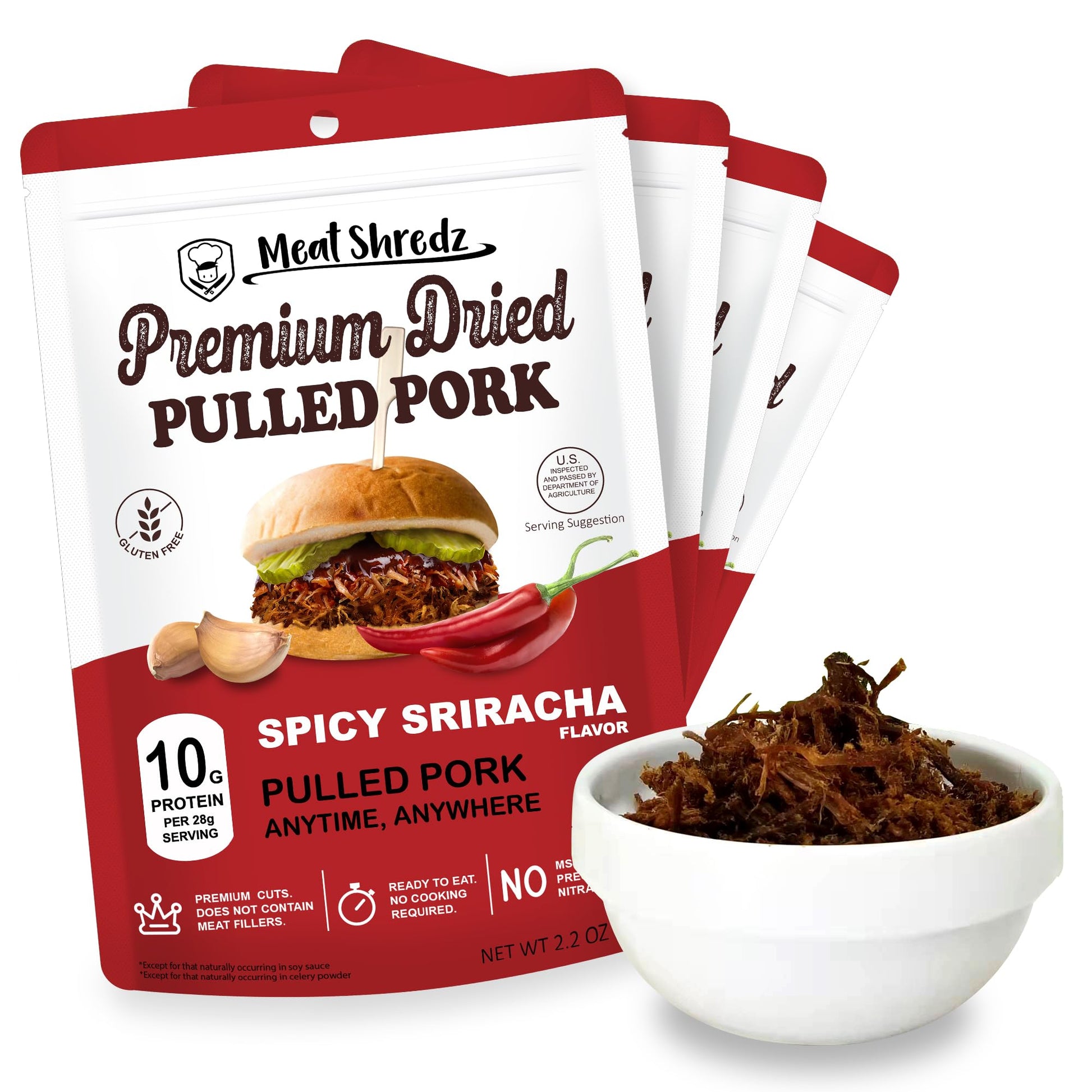 MEATSHREDZ Dried Pulled Pork Snack - Sriracha Flavor, Gluten Free, High Protein, 2.2 oz (Pack of 4)