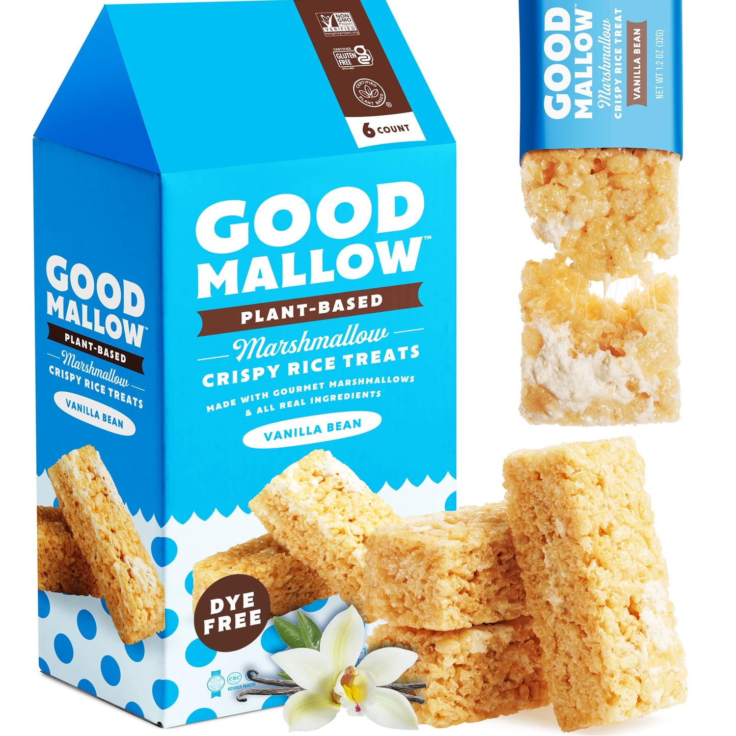 GoodMallow Vegan Rice Crispy  Individually Wrapped Box of 6  Kosher Vegan Snacks  Gluten Free Dairy Free Snacks for Kids & mature-themeds - Healthy Sweets Made with Gourmet Marshmallows (Vanilla Bean)