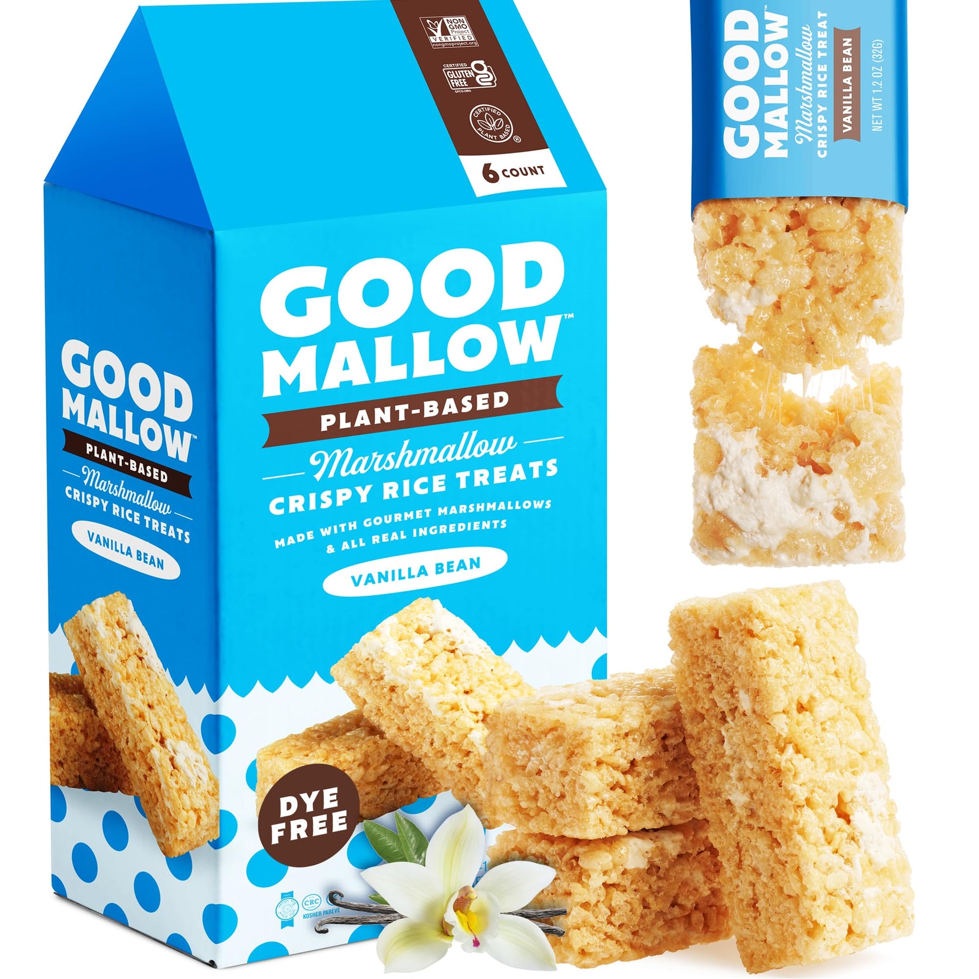 GoodMallow Vegan Rice Crispy  Individually Wrapped Box of 6  Kosher Vegan Snacks  Gluten Free Dairy Free Snacks for Kids & mature-themeds - Healthy Sweets Made with Gourmet Marshmallows (Vanilla Bean)